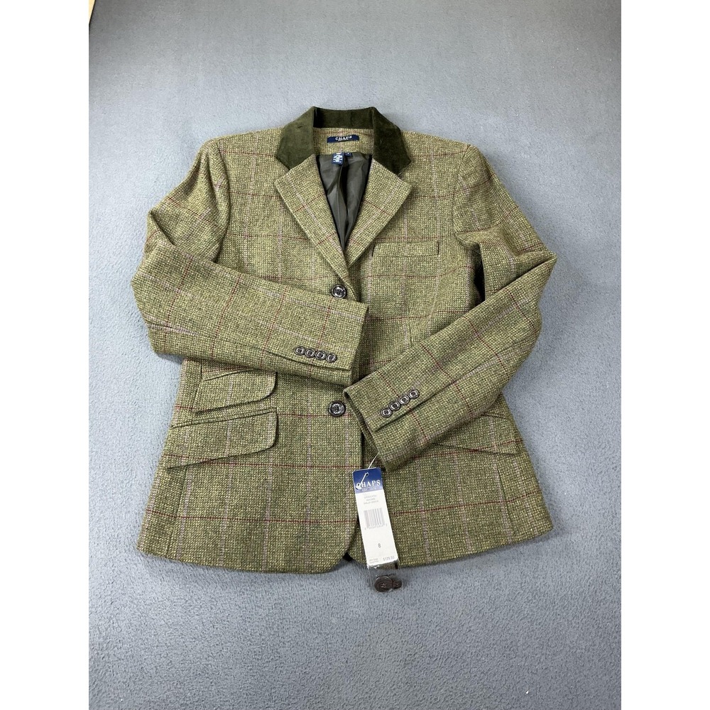 Chaps Blazer Womens 8 Green Tweed Collared Lined Pockets Button Slim Plaid